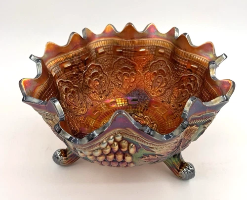 Fenton Carnival Glass Grape & Cable Footed Bowl Amethyst 9” Antique Stunning