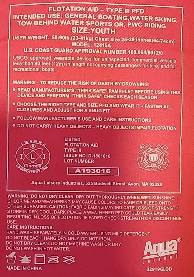 Colete salva-vidas usado Oceans 7 Aqua Leisure Flotation Aid tipo III crianças 50-90 libras rosa - Imagem 4 de 4