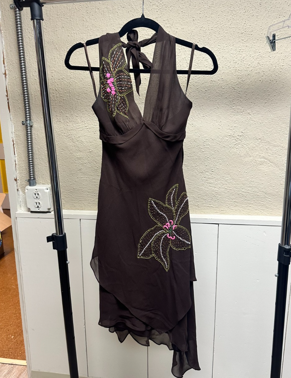 BCBGMAXAZRIA Silk Brown Halter Dress | Embroidered Floral | Asymmetrical