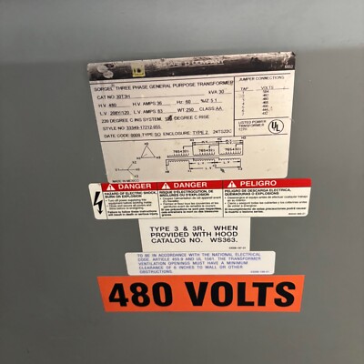 SQUARE D THREE PHASE TRANSFORMER 30T3H 33349-17212-055 30KVA 480HV