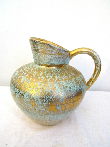 Vtg Stangl Handled Art Pottery Pitcher #4060 Antique Gold/Turquoise Hand Painted