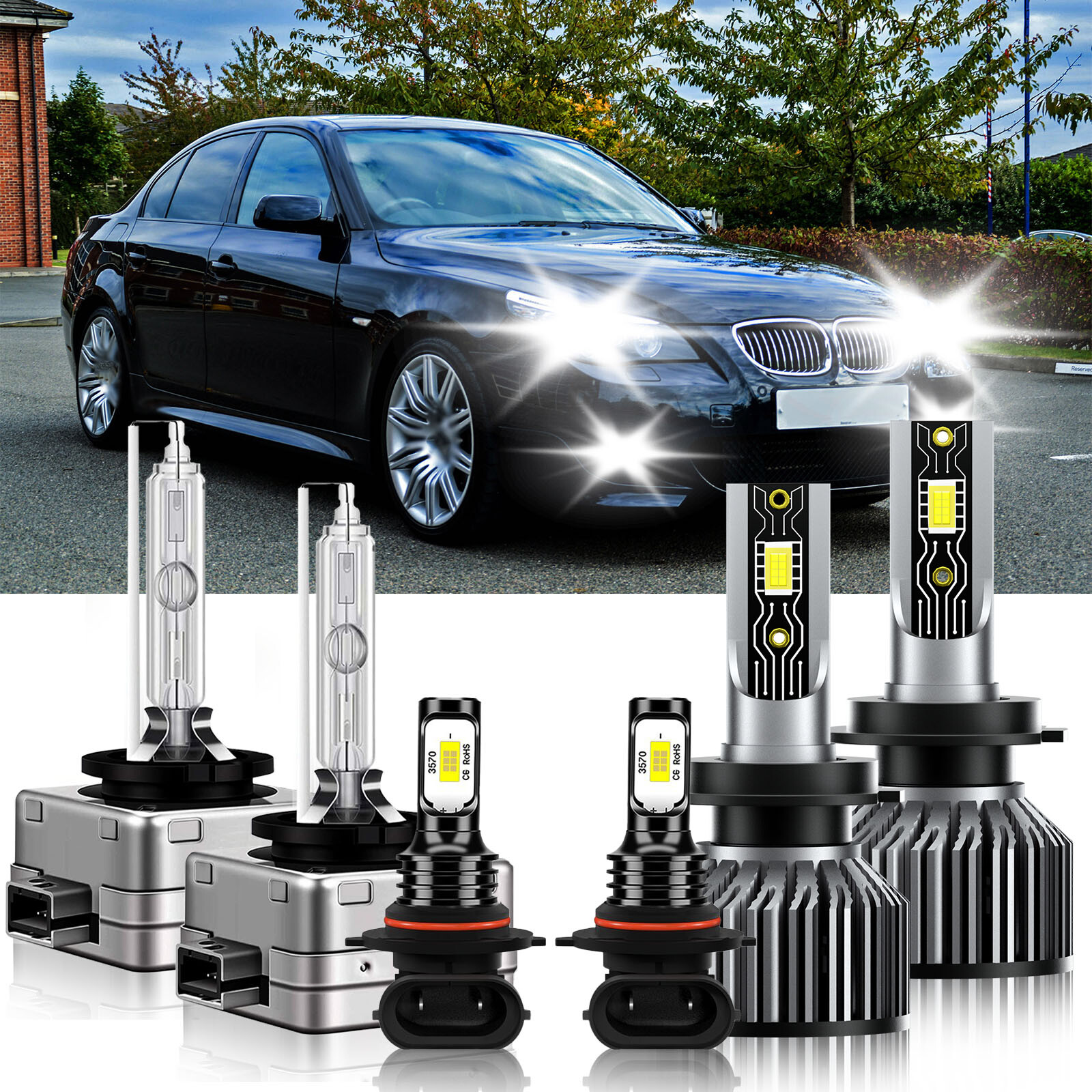 For BMW 530i 2006-2007 Combo LED HID Headlight High Lo+Fog light Bulbs Kit 6500K