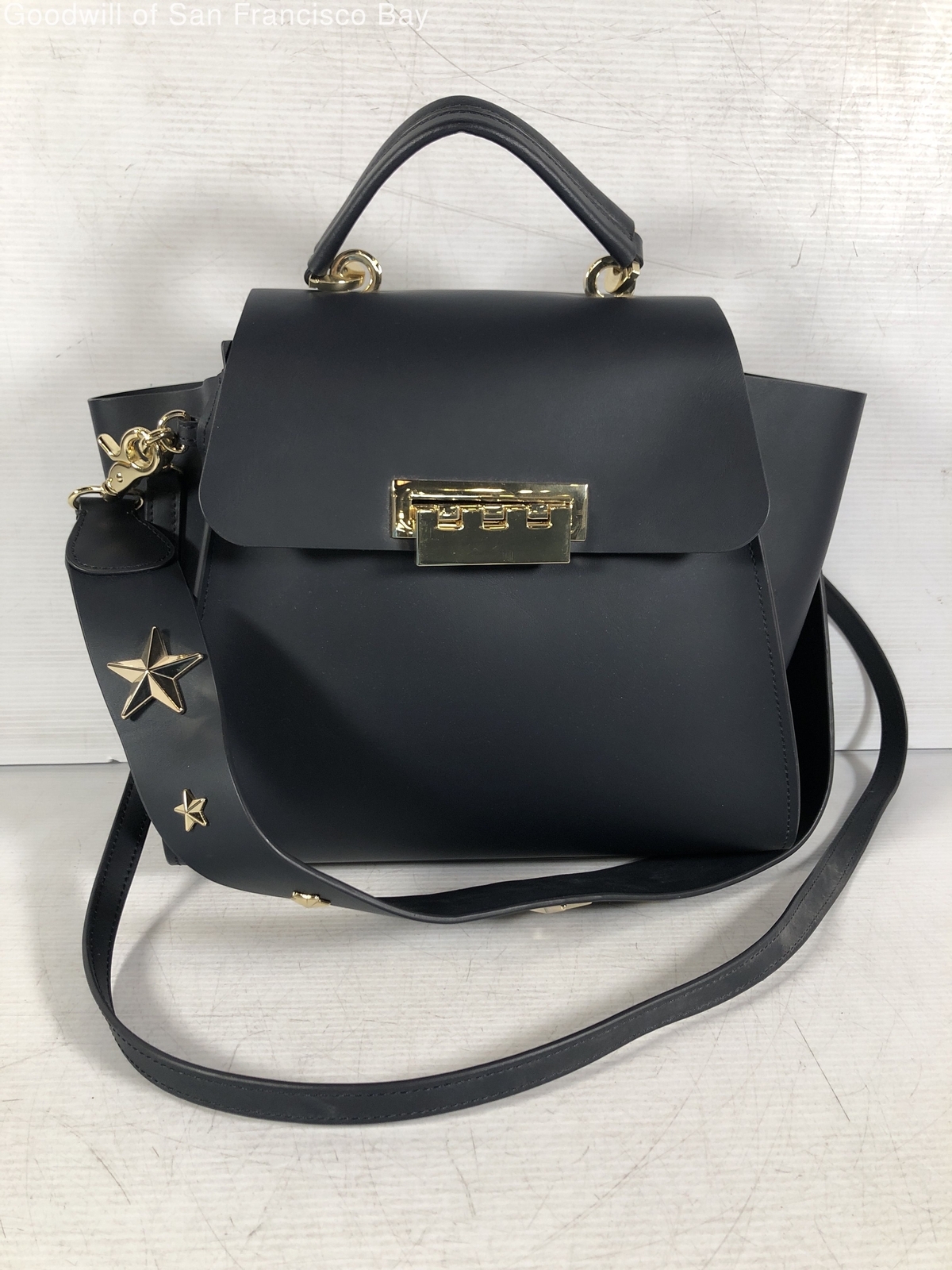 Zac Posen Womens Navy Leather Detachable Strap Inner Pockets Satchel