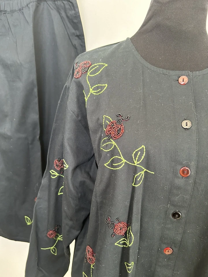NWT Quaker Factory Embroidered Boho Ladybird Black Shirt Jacket Skirt Set Sz 2X - Image 3 of 4