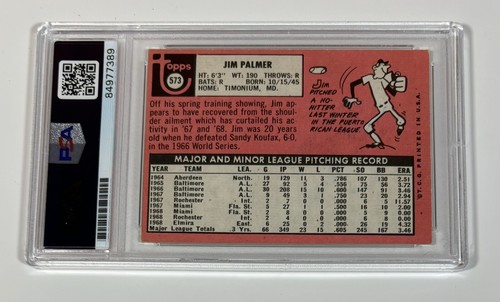 1969 Topps JIM PALMER HOF PSA BOLD SIGNED AUTOGRAPHED Baseball Card #573 O’s - Picture 2 of 2