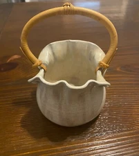 Pottery Artist Janet Rodriguez signed/stamped basket pottery with bamboo handle 