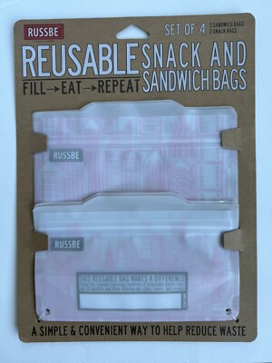 Russbe Lunch Systems, Reusable Snack and Sandwich Bags, Set of 4- Pink Statement