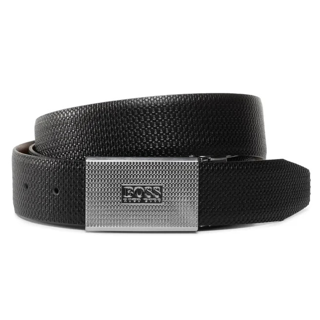 BOSS Men’s Giacom Leather Belt — Black, Cow Leather, Classic Buckle, One Size