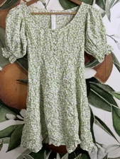 Faithfull the Brand Womens Size 4 La Barben Light Green Floral Puff Sleeve Dress