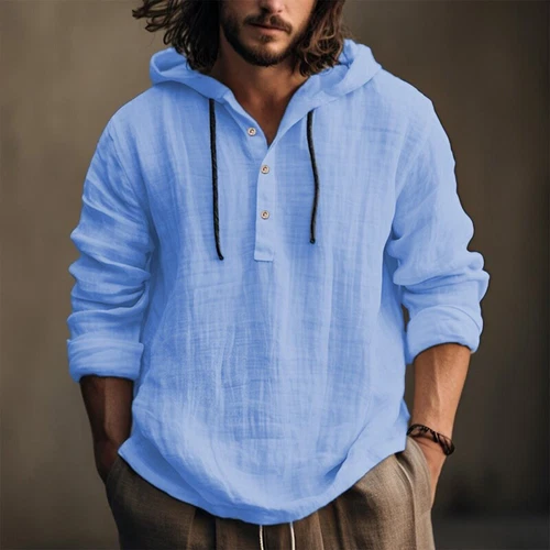 Men's Cotton Linen Hoodies Drawstring Button Hooded Swaeatshirts T Shirts Tops - Bild 17 von 41