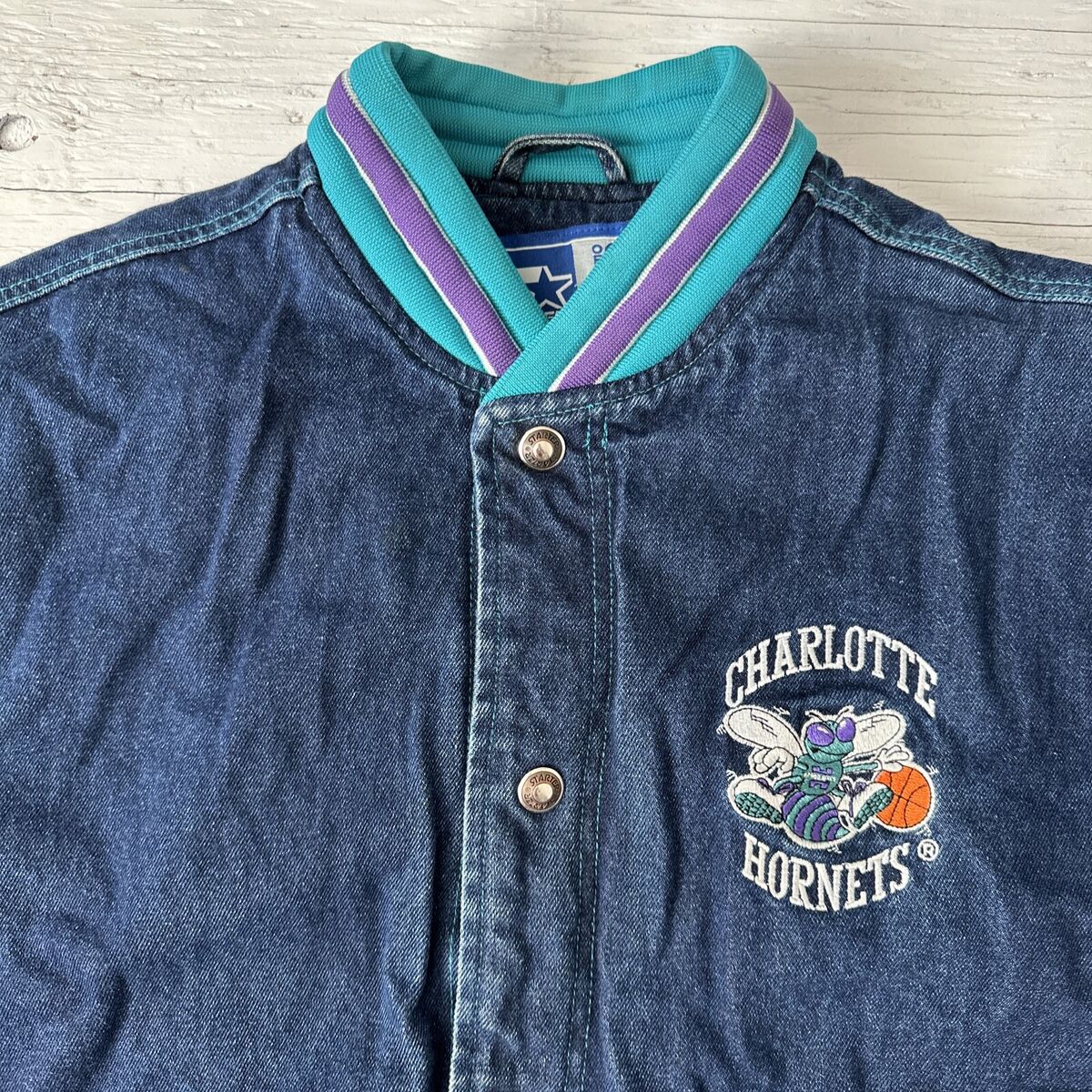 Vintage 90s Rare NBA Charlotte Hornets Starter Denim Varsity Vintage 90s Rare NBA Charlotte Hornets Starter Denim Varsity