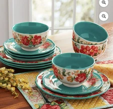 The Pioneer Woman Vintage Floral 12-Piece Dinnerware Set Teal Plates Bowls Table
