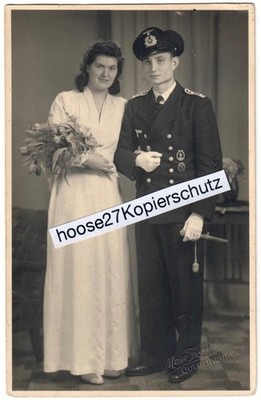 Portrait WH Kriegsmarine Hochzeit Bootsmann Dolch Quedlinburg AK 2.WK orig. 1364
