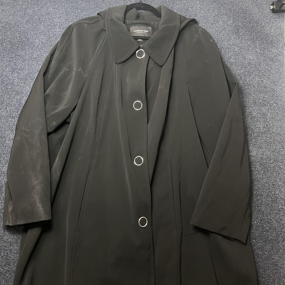 London Fog Rain Coat Womens 2X Black Hooded Button Front Mid