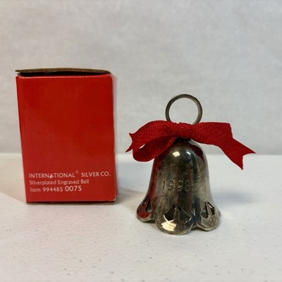 1998 Silver Plated 3  Bell International Silver Co Engraved W/ Red Bow