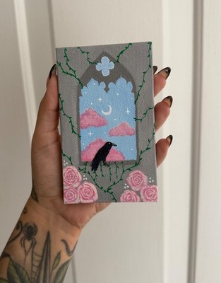 Original Acrylic Mini Painting, Fantasy Crow Floral Painting, 3x5inch Canvas