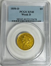 1850 D US Rare Half Eagle Liberty Head Gold Coin $5 Dollars Dahlonega XF-40 PCGS