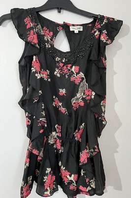 Tom Wolfe Black/Pink Floral Ruffle Romper /Blouse With Beaded Neckline Uk 8