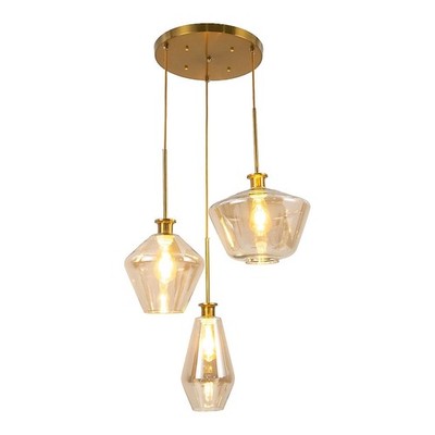 Oukaning 60W 3-Light Champagne Gold Modern Pendant Light with Glass Shade