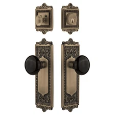 Nostalgic Warehouse Egg & Dart Entry Set Black Porcelain Knob Brass 2 3/8"