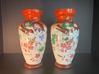 Pair of Matching Bristol milk glass hand painted bird and floral 10.5" vases