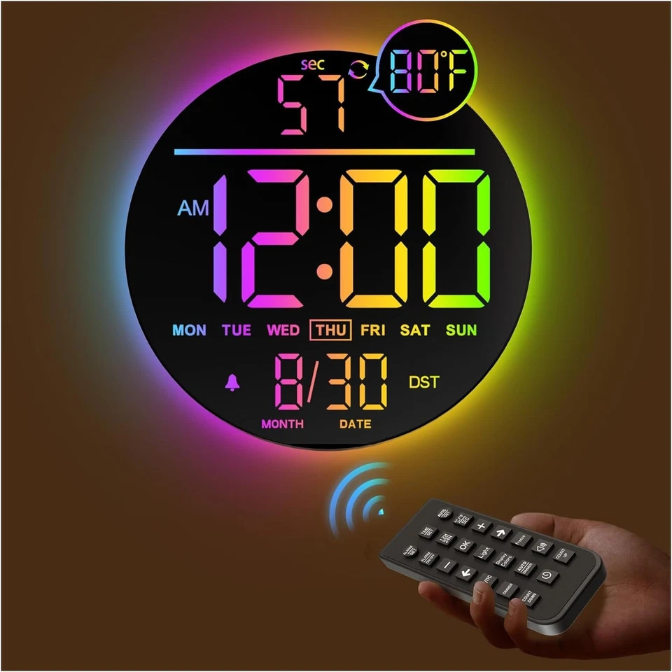 Digital Wall Clock 10 Inch RGB LED Display with Alarm and Timer for Bedroom - Image 3 of 4