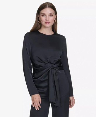 Halston Women's Top Sz L Twist-Front Long-Sleeve Blouse