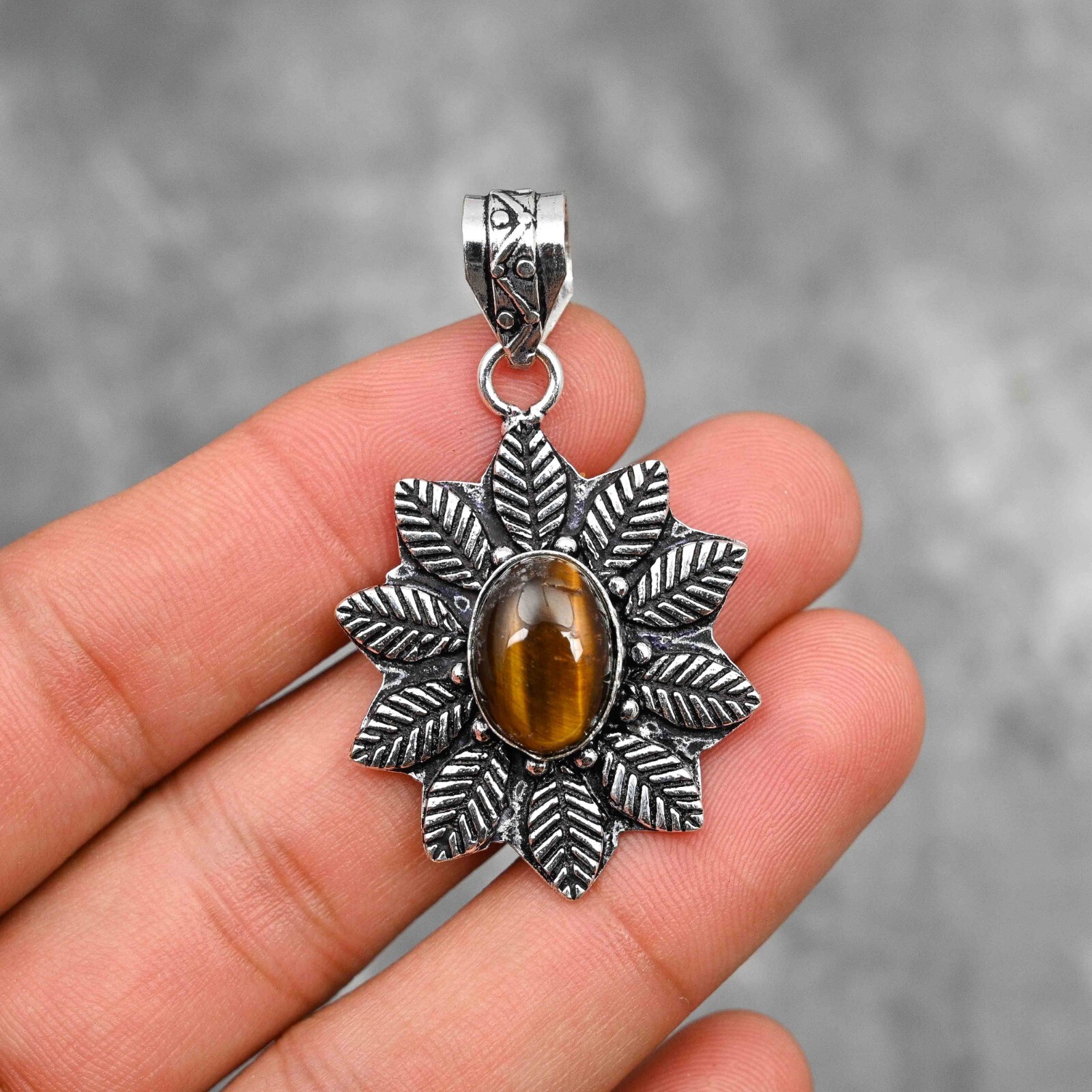 Natural Tiger Eye Gemstone Flower Pendant 925 Sterling Silver Handmade Jewelry