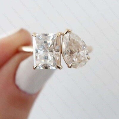 Pear & Radiant VVS1 Moissanite Two Stone 14k Yellow Gold Plated Engagement Ring