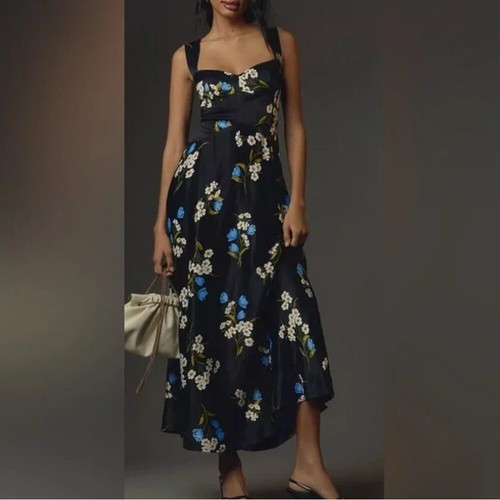 Anthropologie Maeve Black Motif blue a d White Flowers Seamed Slip midi dress - Picture 2 of 13