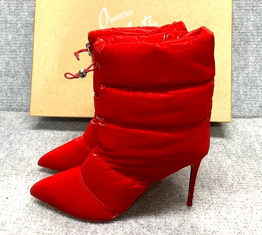 Christian Louboutin Red Padded Nylon Astro Puffer Ankle Boots Italy Sz 37.5 US 7