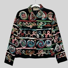 Vintage Life Style Womens Jacket Medium Black Colorful Ribbon Patchwork Art Wear