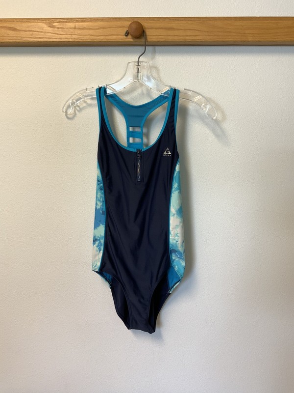 GERRY Girls One Piece Swimsuit Keyhole Back Dark Navy Blue Turquoise Insets 16