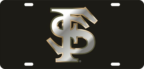 FLORIDA STATE SEMINOLES MIRROR CAR TAG BLACK W/ SILVER FS LOGO LASER CUT ACRYLIC - Picture 4 of 5
