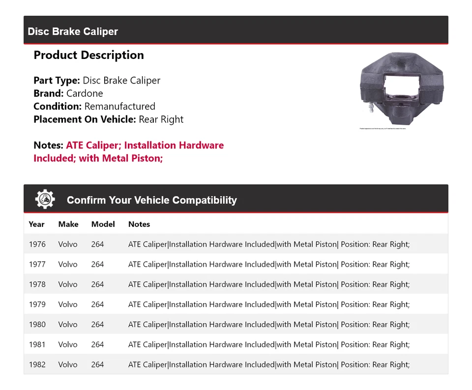 Задний правый суппорт дискового тормоза Volvo 264 1976-1982 годов выпуска 1977 1978 1979 годов выпуска - Изображение 2 из 4