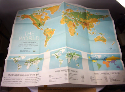 World Oil Petroleum production & Consumption 1950s map of the world 34x44''