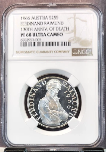 1966 AUSTRIA SILVER 25 SCHILLING FERDINAND RAIMUND NGC PF 68 ULTRA CAMEO TOP POP