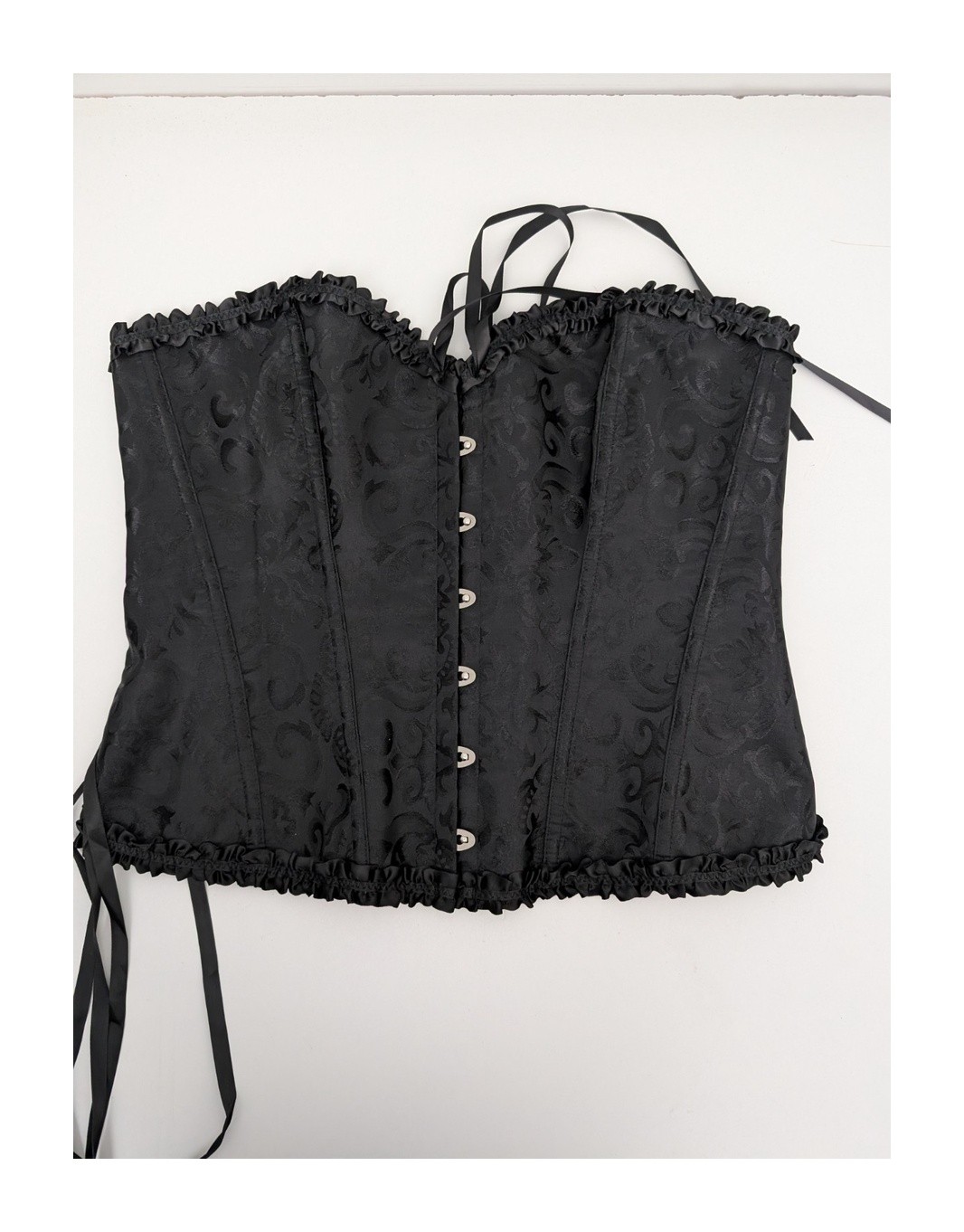 Womens Black Brocade Overbust Corset Satin Finish Front Busk Closure Lace up XXL
