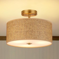 13" Woven Rattan Boho Ceiling Light Fixture, 3-Light Modern Semi Flush Mount