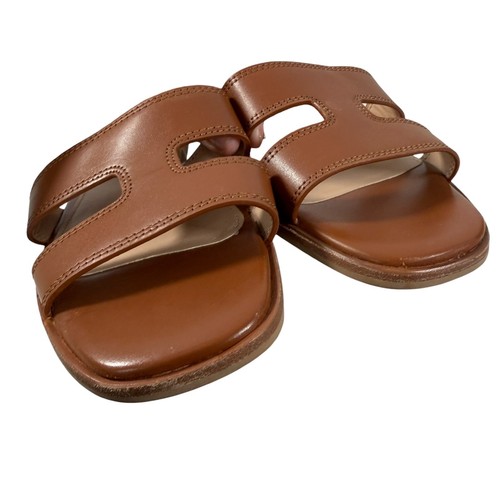 Steve Madden Hazel Cognac Brown Leather H-Band Flat Slide Sandals Womens 8M - Picture 4 of 7