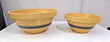 Early HULL Pottery Yellowware Blue Stripe Mixing Bowls #8 #10 Circle H 1910-1935