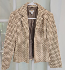 Talbots Blazer Womens Petite 6 Metallic Gold Beige Tweed Open Jacket Italian