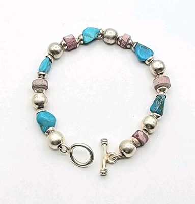 Sterling Silber & Türkis Perlen Armband Vintage SouthWestern 7'' Knebelverschluss