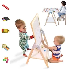 QZMTOY Kids Art Easel, Deluxe Standing Easel Set, Adjustable Art Table, Dry E...