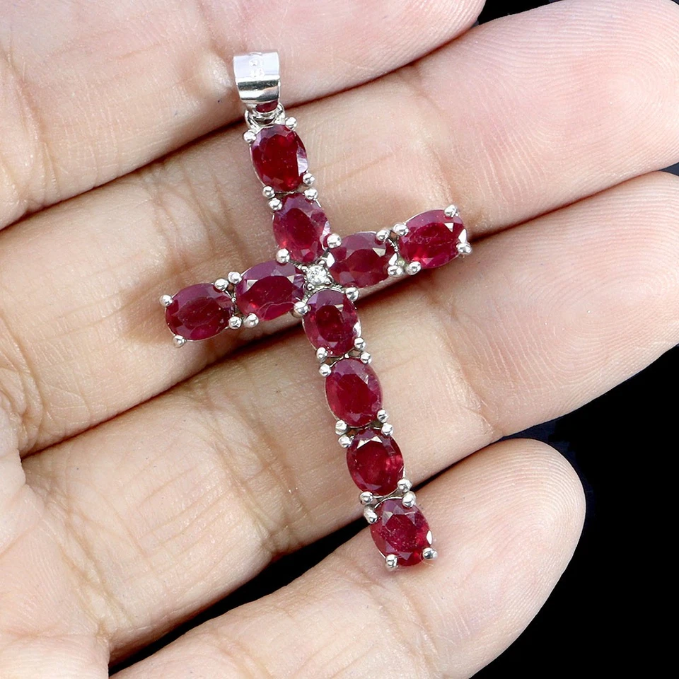 925 Pendente Argento Sterling Ovale Rubino 5x4mm Croce Naturale Gemma Gioielli - Immagine 2 di 4