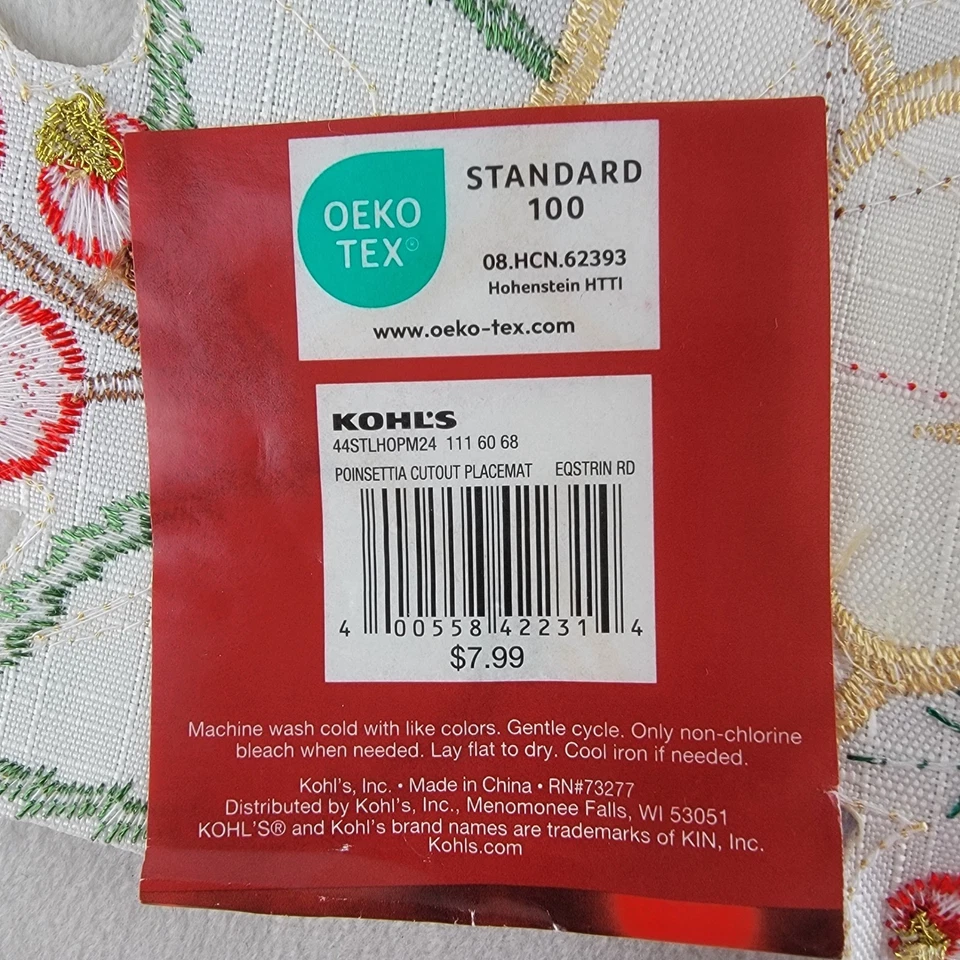 Poinsettia Placemat & Napkin Rings Set Christmas Holiday Decor Red Green Festive - Image 3 of 4