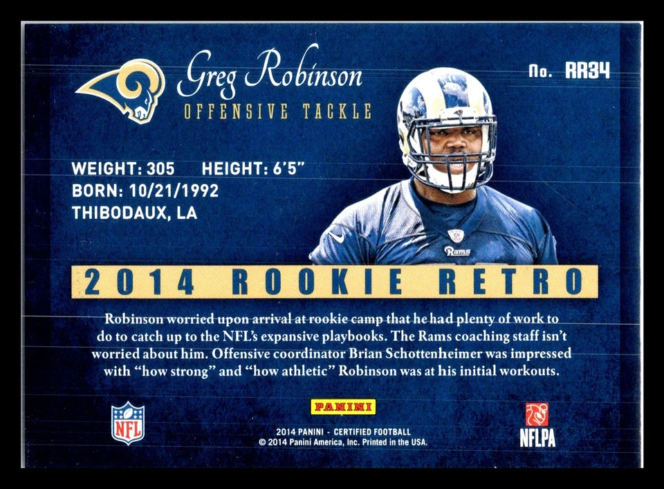 2014 Certified Retro Rookie Blue /99 Greg Robinson #RR34 RC St Louis Rams - Image 2 of 2