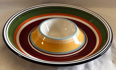 Pottery Barn Espadrille Stripe Chip & Dip Bowl Salsa RARE 13 1/2  Round Colorful