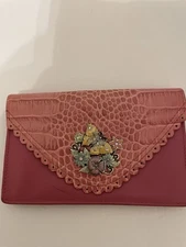 BRIGHTON BUTTERFLY EMBOSSED PINK LEATHER ENVELOPE CROC TEXTURE CLUTCH WALLET