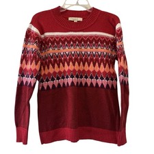 LOFT Sweater Womens XS Fair Isle Geometric Pullover Red Multi Cotton Blend Warm